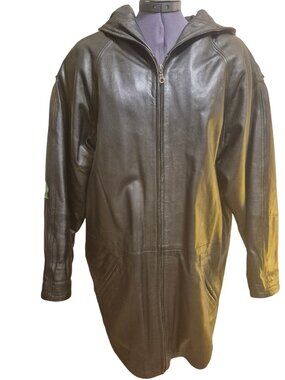 Vintage Izzi Black Leather Hooded Zip-Up Jacket Medium